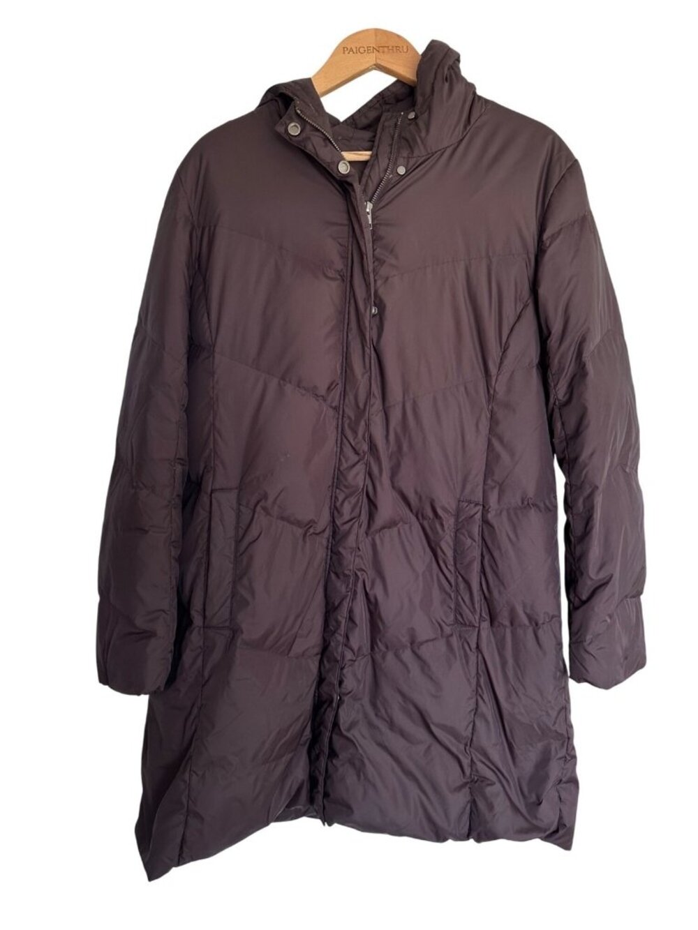Eileen Fisher Womens LG Brown Feather Down Filled Puffer Coat Long Hooded